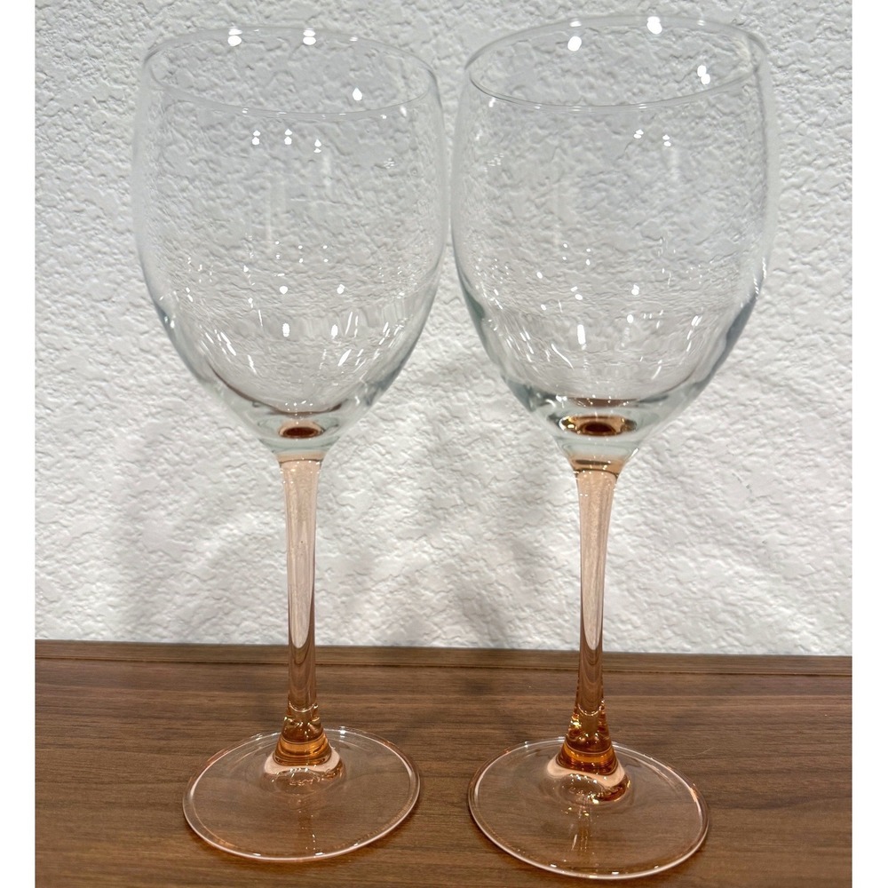 VTG PAIR TWO Luminarc France Depression Pink Stem 8" Wine Glasses